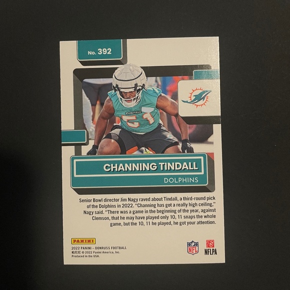 Channing Tindall: Miami Dolphins Linebacker 2022 Panini Press Proof/Rated Rookie - Picture 2 of 2